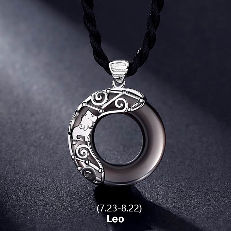 Nimara Ritual 12 Constellations of the Zodiac Ice Obsidian Blessing Round Pendant Necklace