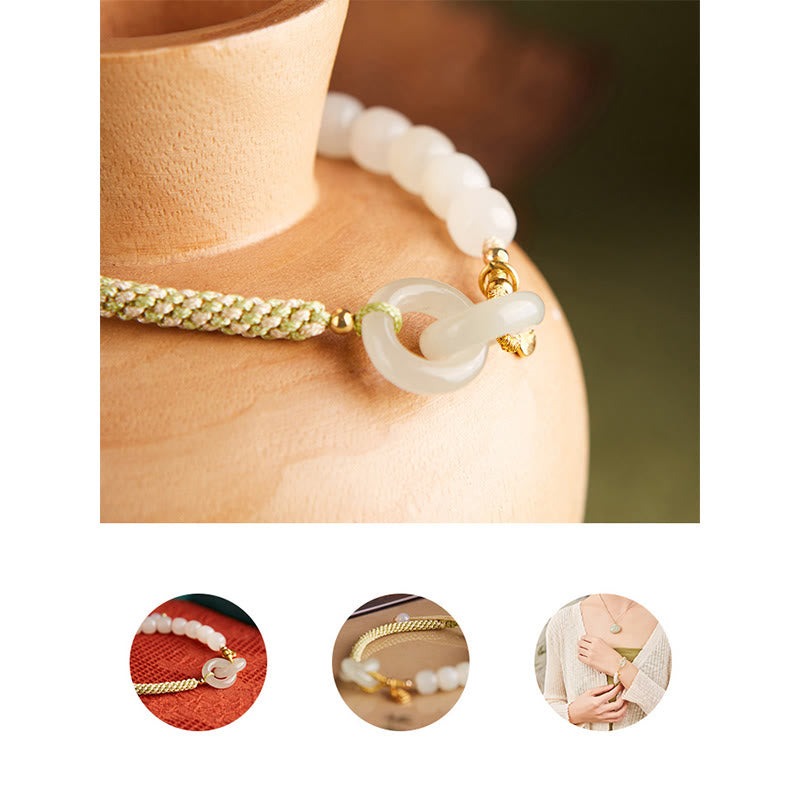 Nimara Ritual Natural Hetian Jade Bead Double Peace Buckle Fu Character Abundance Braided Bracelet