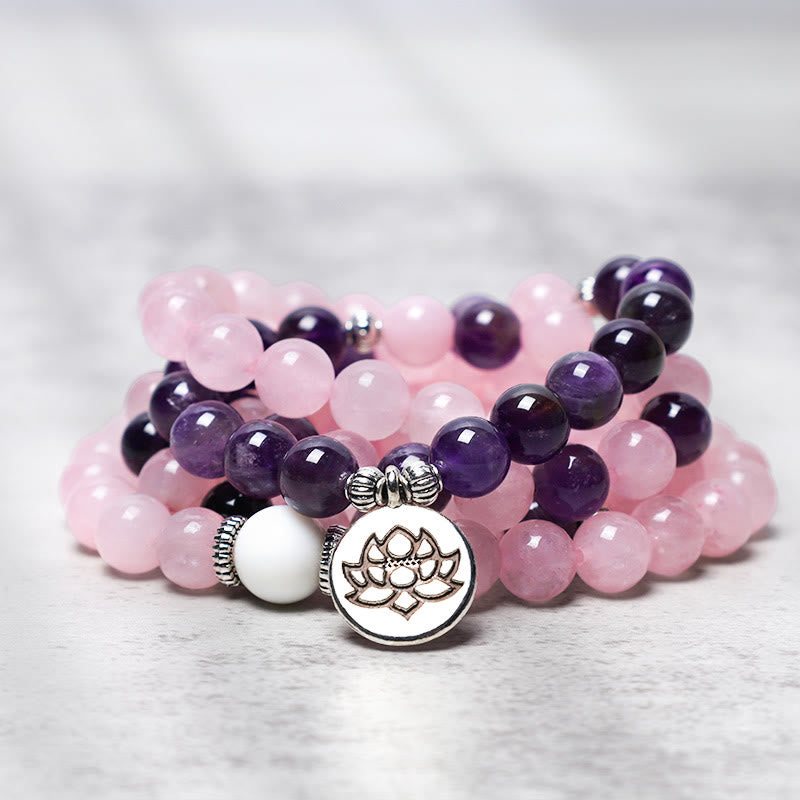 Nimara Ritual Natural Rose Quartz & Amethyst Mala Bead Lotus Pendant Bracelet