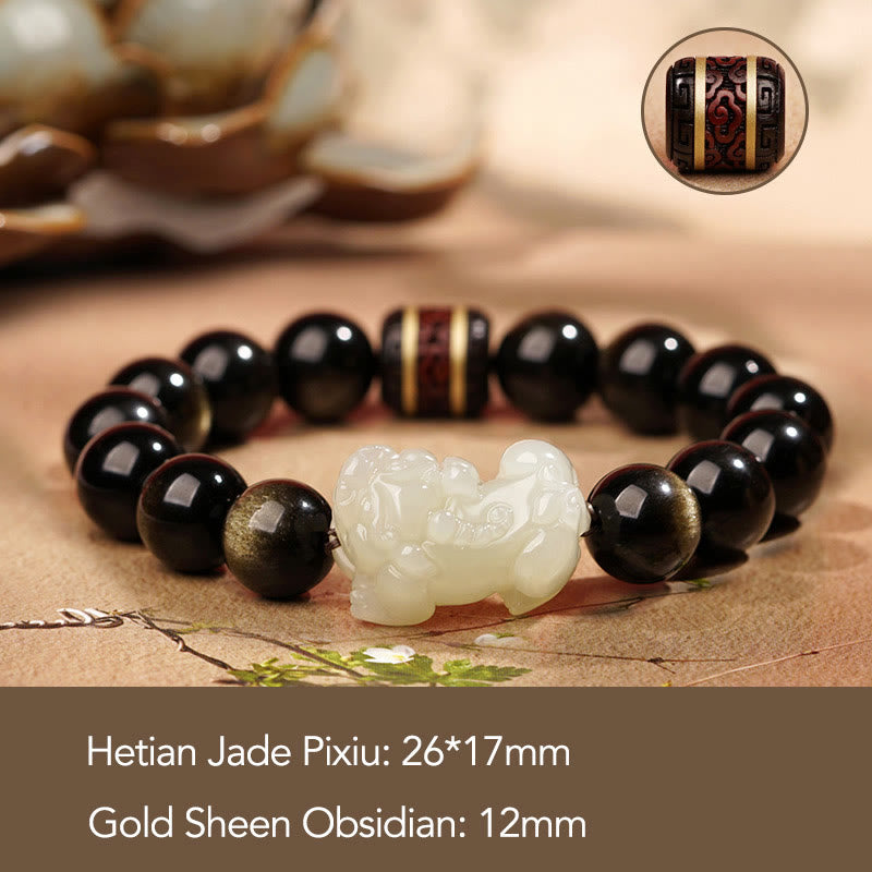 Nimara Ritual Natural Gold Sheen Obsidian Hetian Cyan Jade White Jade PiXiu Wealth Bracelet