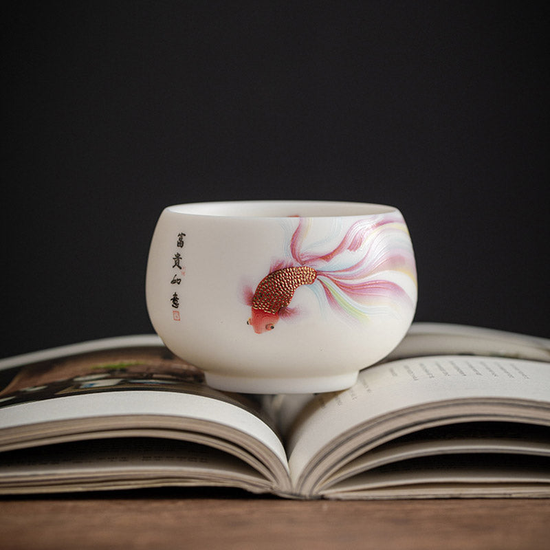 Nimara Ritual Koi Fish White Porcelain Ceramic Teacup Kung Fu Tea Cup