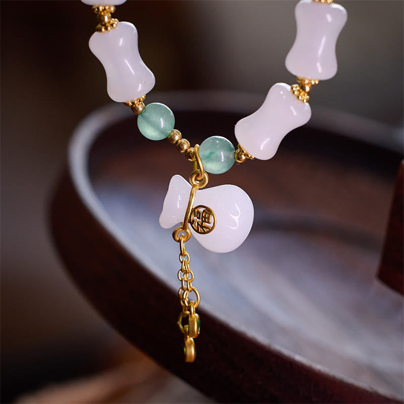 Nimara Ritual Natural White Golden Silk Jade Bamboo Pattern Wealth Lucky Bag Fu Character Bracelet
