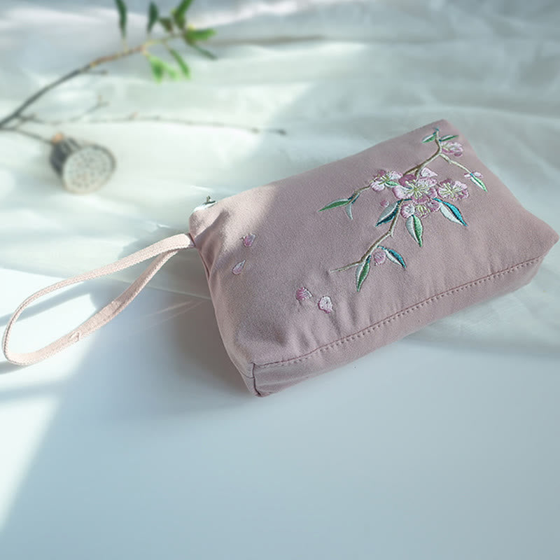 Nimara Ritual Small Flower Plum Cherry Crane Peach Blossom Embroidery Canvas Wallet Shopping Purse