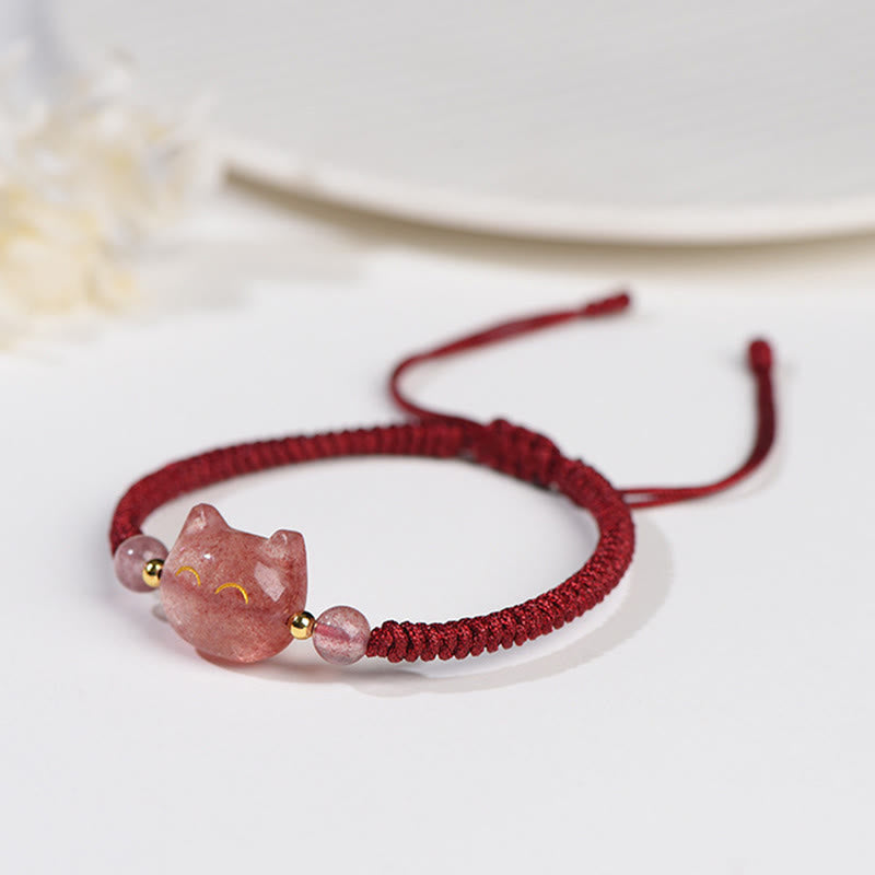 Nimara Ritual Handmade Natural Silver Sheen Obsidian Strawberry Quartz Cute Cat Protection Braided Bracelet