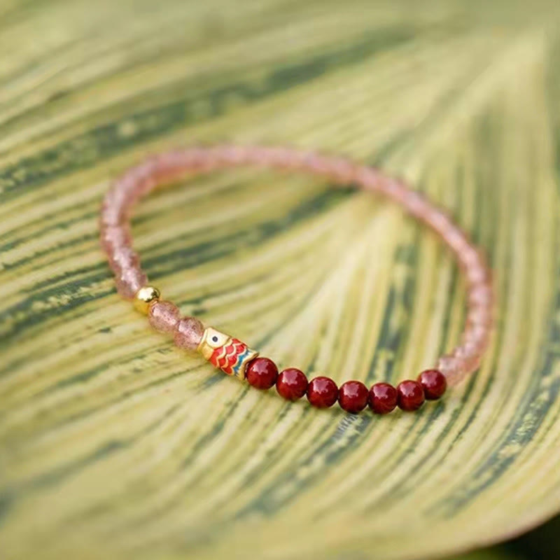 Nimara Ritual Natural Strawberry Quartz Cinnabar Lucky Koi Fish Healing Bracelet