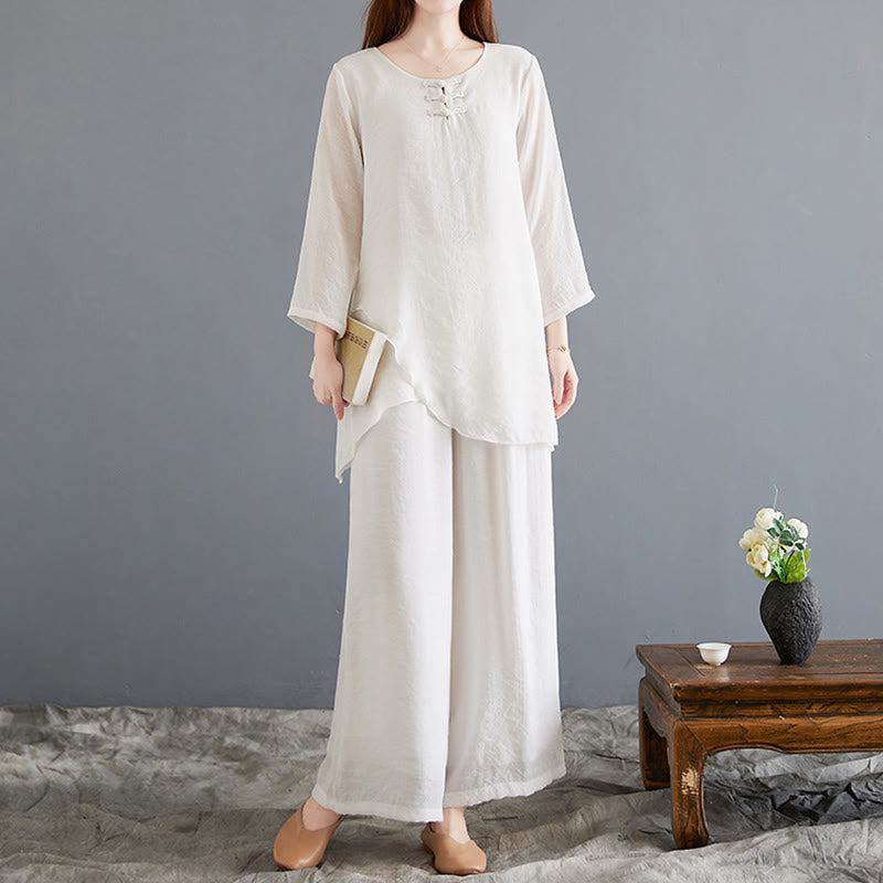 Nimara Ritual 2Pcs Frog-Button Long Sleeve Shirt Wide Leg Pants Meditation Cotton Linen Clothing