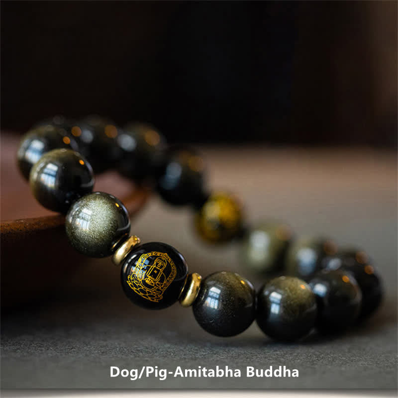 Nimara Ritual Chinese Zodiac Natal Buddha Gold Sheen Obsidian Wealth Protection Bracelet