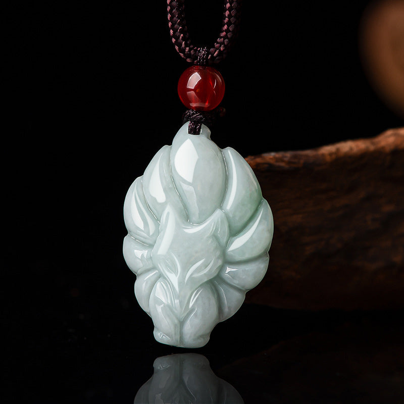 Nimara Ritual Natural Jade Nine Tailed Fox Luck Prosperity Necklace Pendant