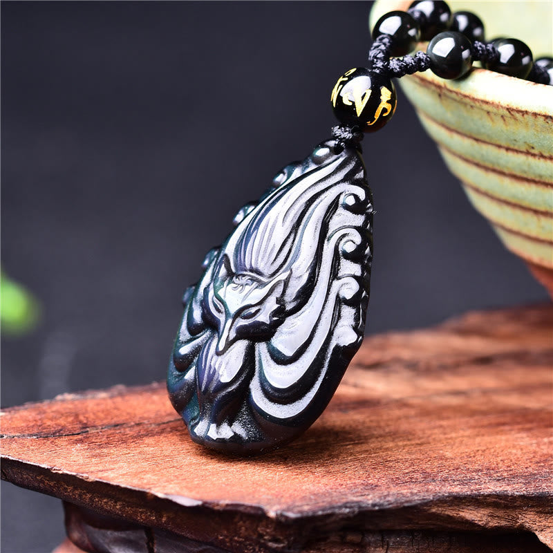 Nimara Ritual Natural Rainbow Obsidian Nine Tailed Fox Inner Peace Necklace Beaded String Pendant