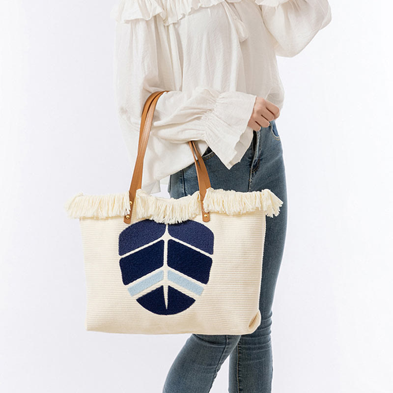 Nimara Ritual Large Capacity Evil Eye Leaf Hamsa Tassel Canvas Tote Shoulder Bag