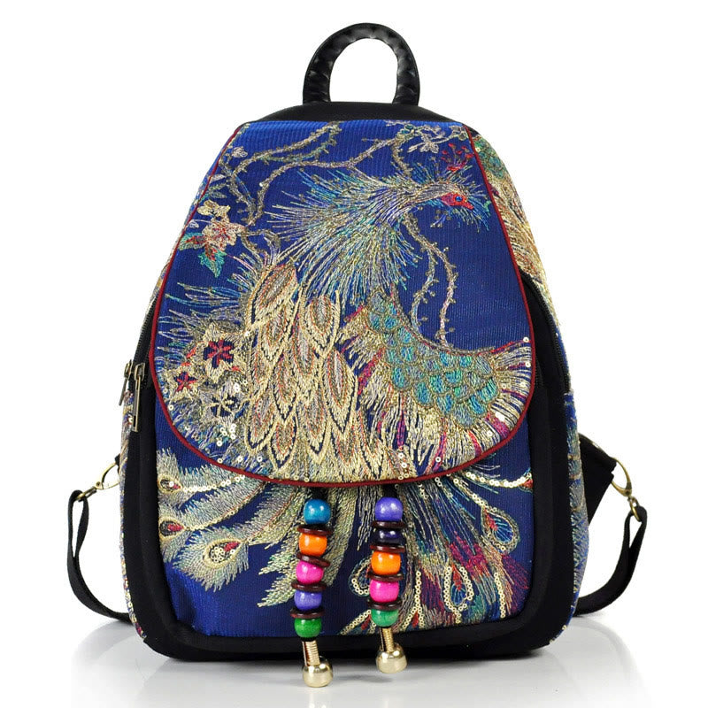 Nimara Ritual Peacock Embroidery Canvas Tassel Backpack