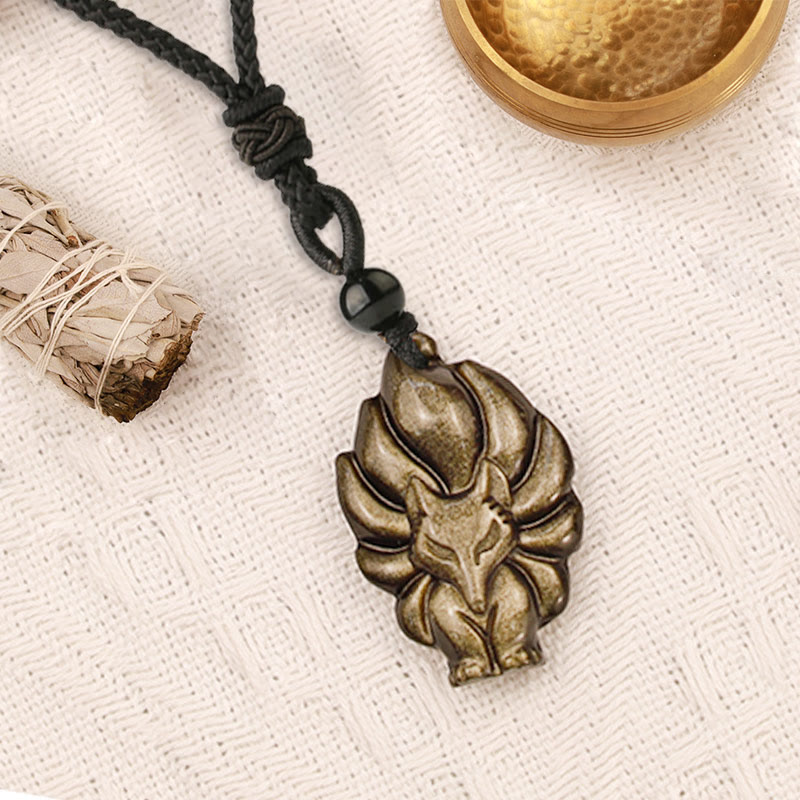 Nimara Ritual Natural Fluorite Gold Sheen Obsidian Fox Pendant Protection Necklace