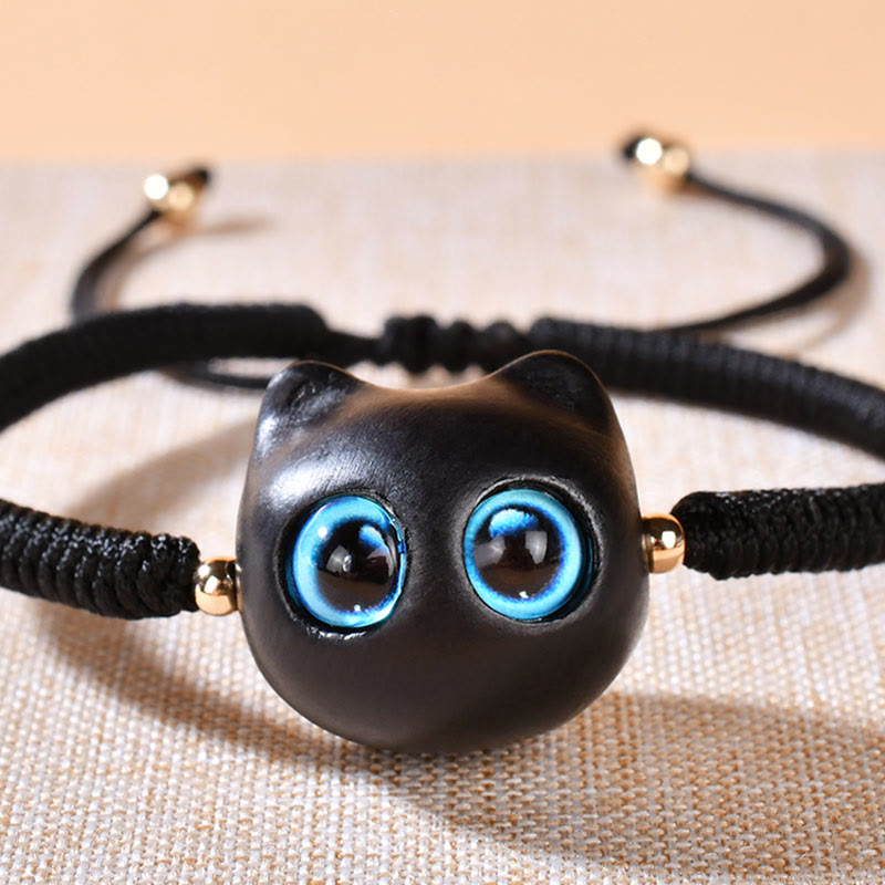 Nimara Ritual Ebony Wood Cat Head Pattern Peace King Kong Knot Braided Bracelet