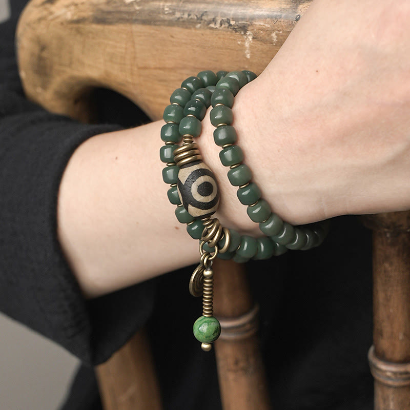 Nimara Ritual Cyan Bodhi Seed Dzi Bead Wisdom Peace Triple Wrap Bracelet