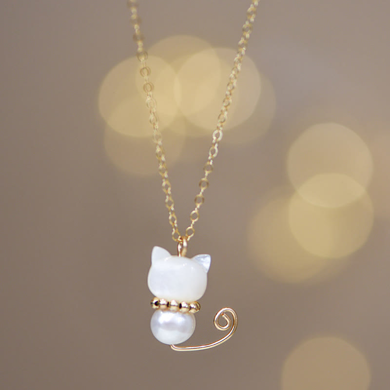 Nimara Ritual 14K Gold Plated Pearl Hetian Jade Shell Luck Cat Kitten Necklace Pendant