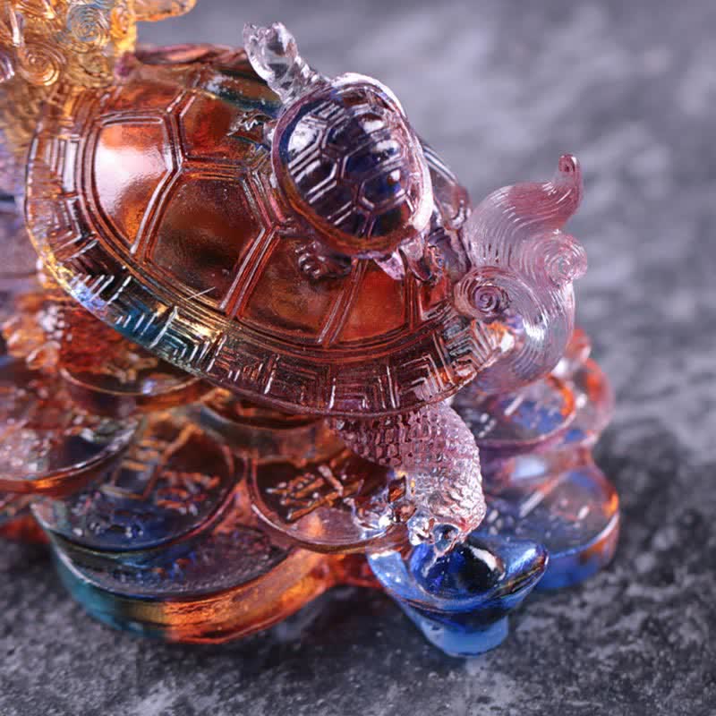 Nimara Ritual Feng Shui Dragon Turtle Coins Handmade Liuli Crystal Luck Art Piece Home Office Decoration