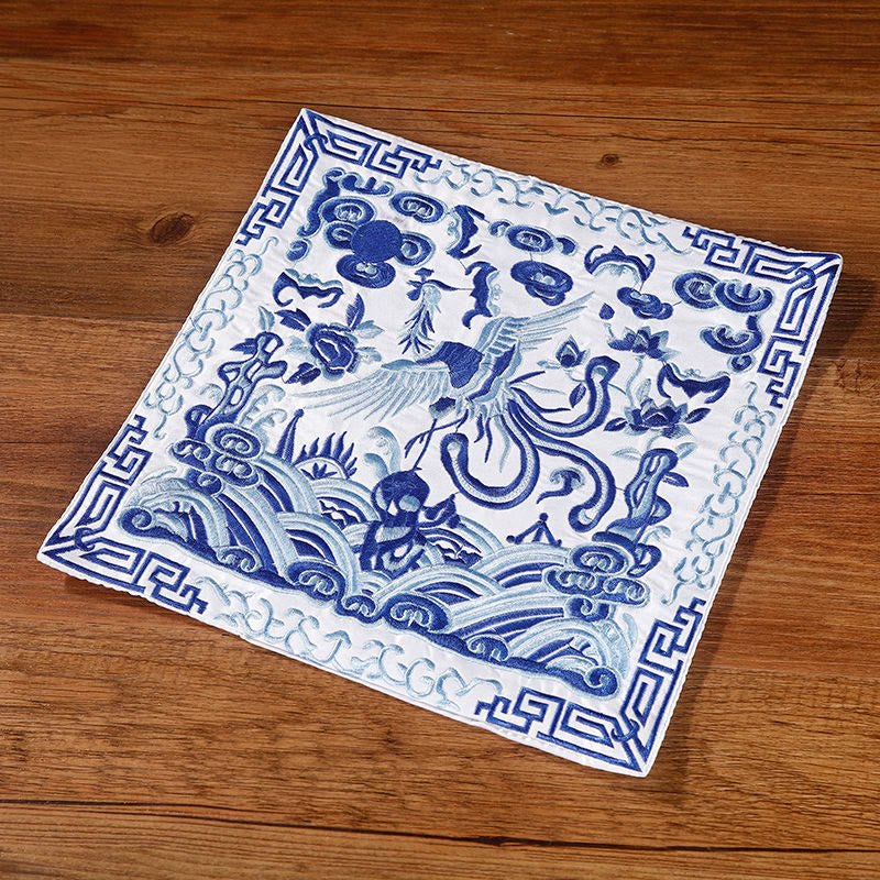 Nimara Ritual Crane Phoenix Dragon Kirin Embroidered Cup Mat Pad Tea Cup Coaster Square Kung Fu Tea Mat