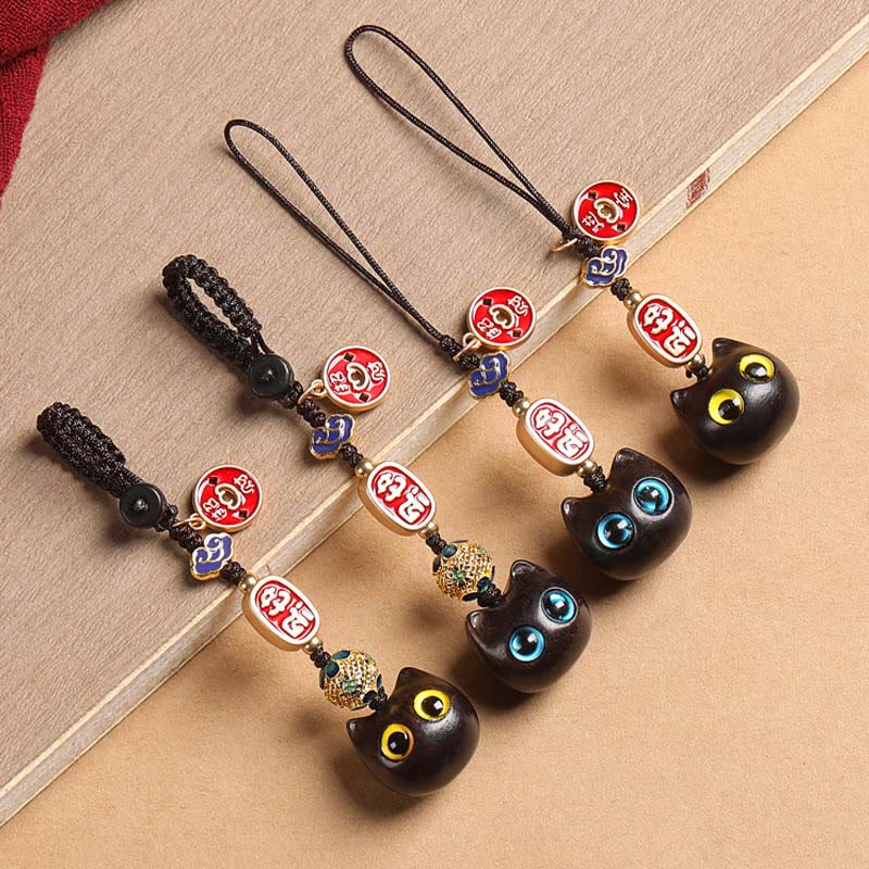 Nimara Ritual Ebony Wood Lucky Cat Auspicious Cloud Peace Key Chain Phone Hanging Decoration