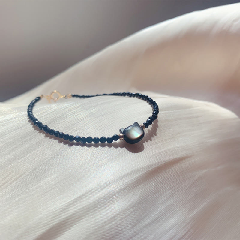 Nimara Ritual 14K Gold Plated Black Spinel White Crystal Cute Cat Tridacna Stone Healing Bracelet