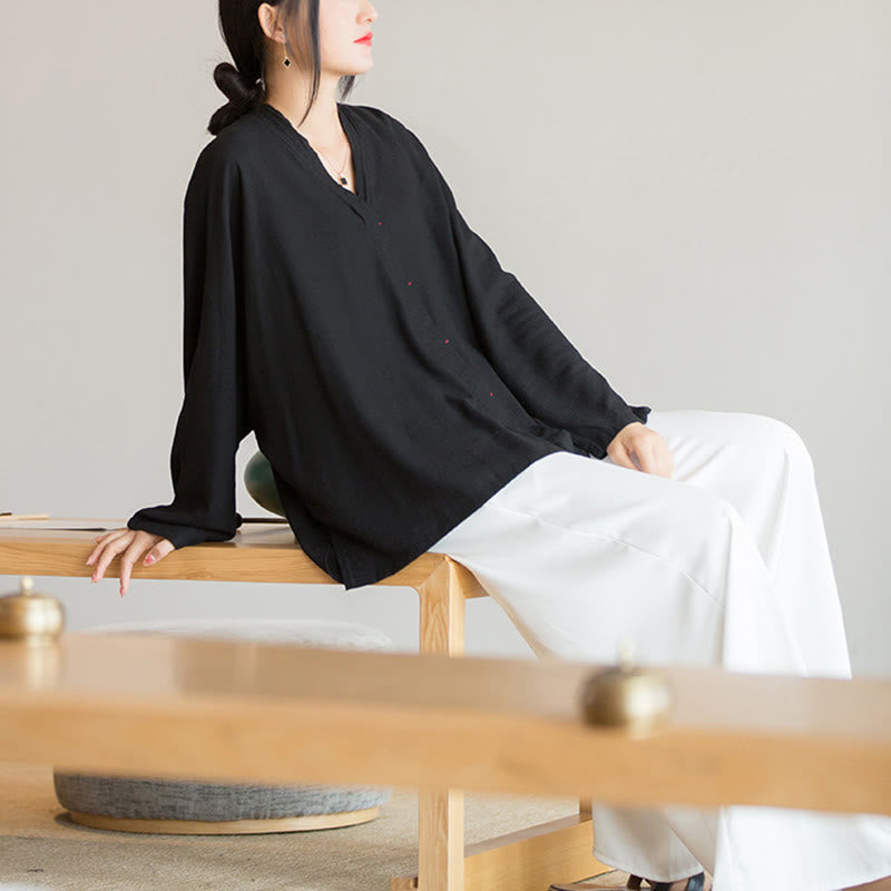 Nimara Ritual V-Neck Blouse Women Shirt Long Sleeve Top Chinese Hanfu Style Clothing