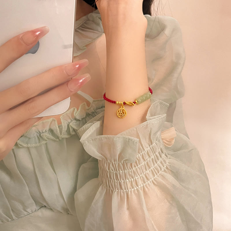 Nimara Ritual Handcrafted Jade Bead Fu Character Charm Luck Red Rope Bracelet