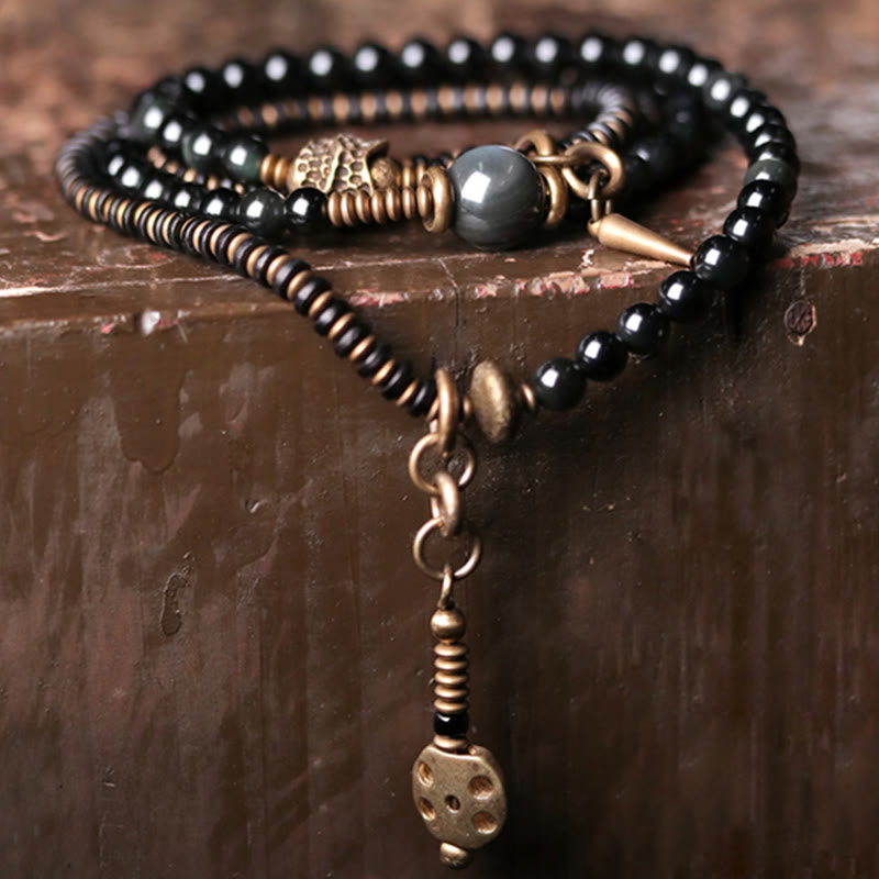 Nimara Ritual Rainbow Obsidian Ebony Wood Copper Positive Multilayer Bracelet