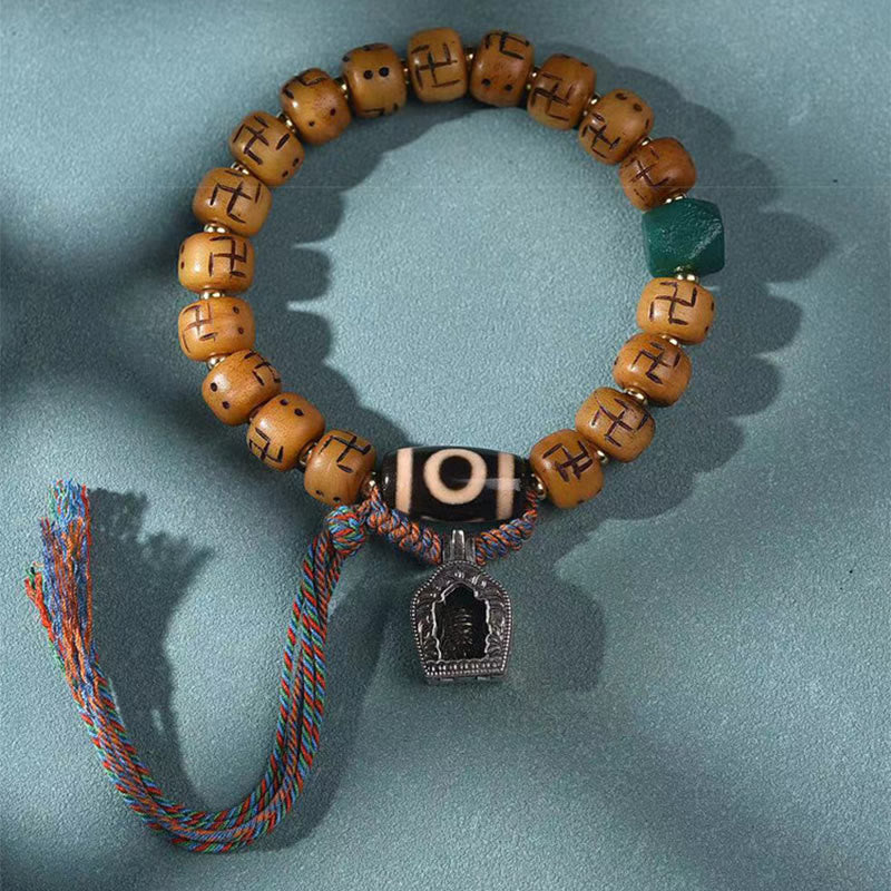 Nimara Ritual Natural Tibetan Camel Bone Swastika Dzi Bead Shankha Buddha Charm Kirtimukha Luck Protection Tassel Bracelet