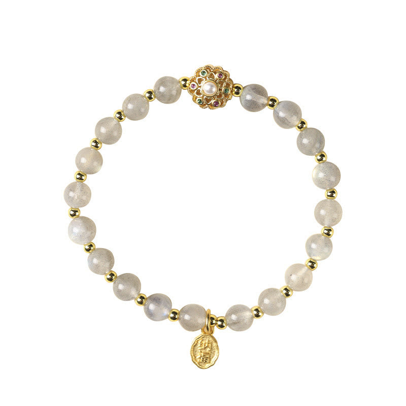 Nimara Ritual 14K Gold Plated Natural Strawberry Quartz Labradorite Sun Stone Fu Character Positive Charm Bracelet