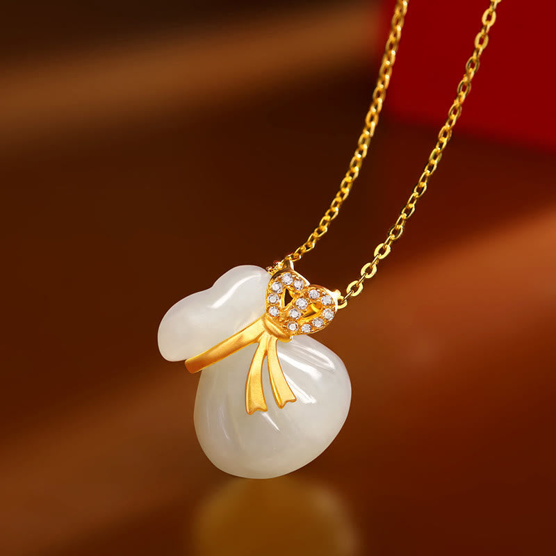 Nimara Ritual Natural Hetian White Jade Luck Money Bag Necklace Pendant