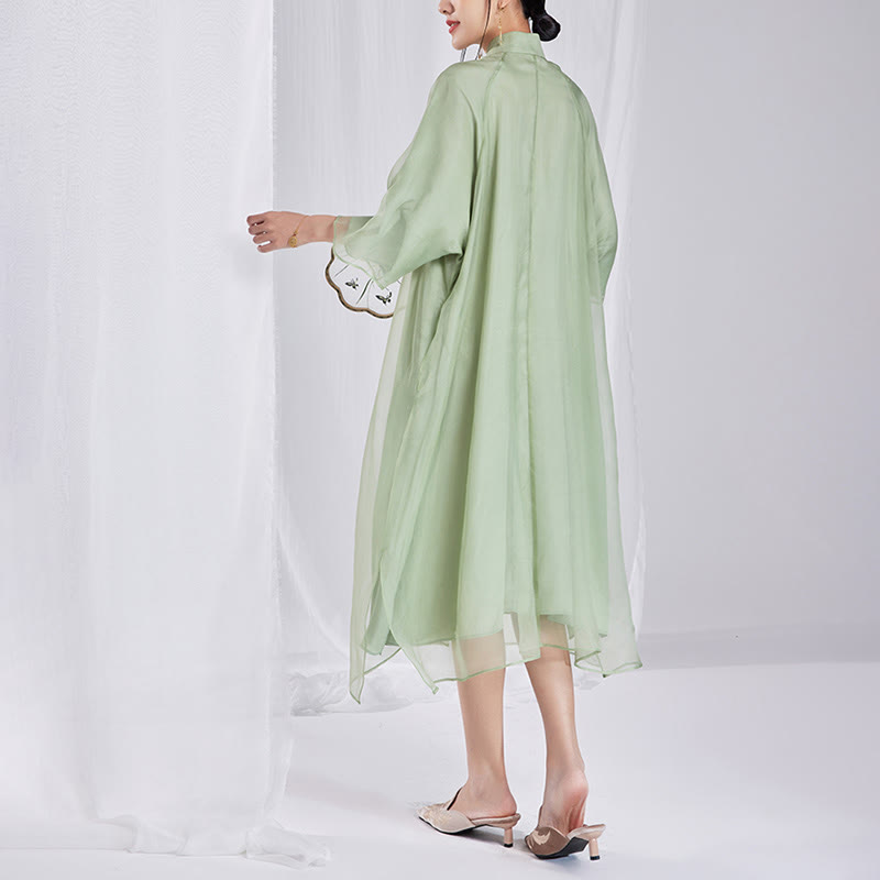 Nimara Ritual 100% Mulberry Silk 6 Momme Dress Vintage Flower Butterfly Embroidery Qipao Dress Women's Cheongsam Dress