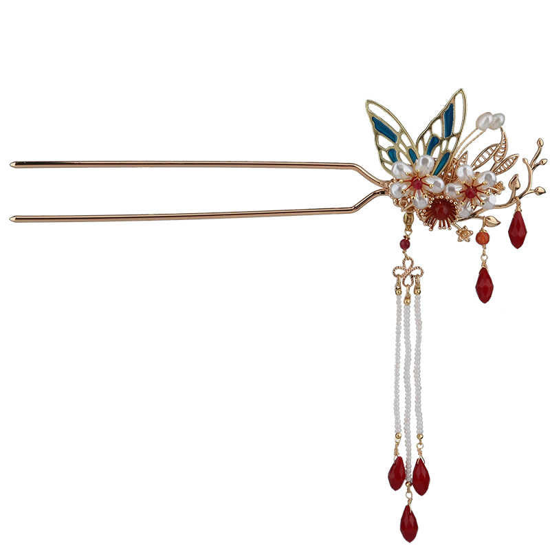Nimara Ritual Classical Chinese Style Flower Branche Butterfly Pearl Tassel Hair Clip Hair Comb Hair Crown