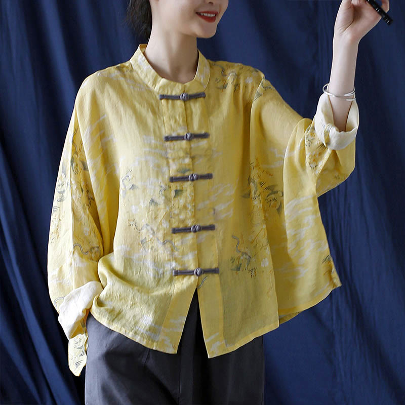 Nimara Ritual Yellow Phoenix Print Frog-button Design Long Sleeve Ramie Linen Jacket Shirt