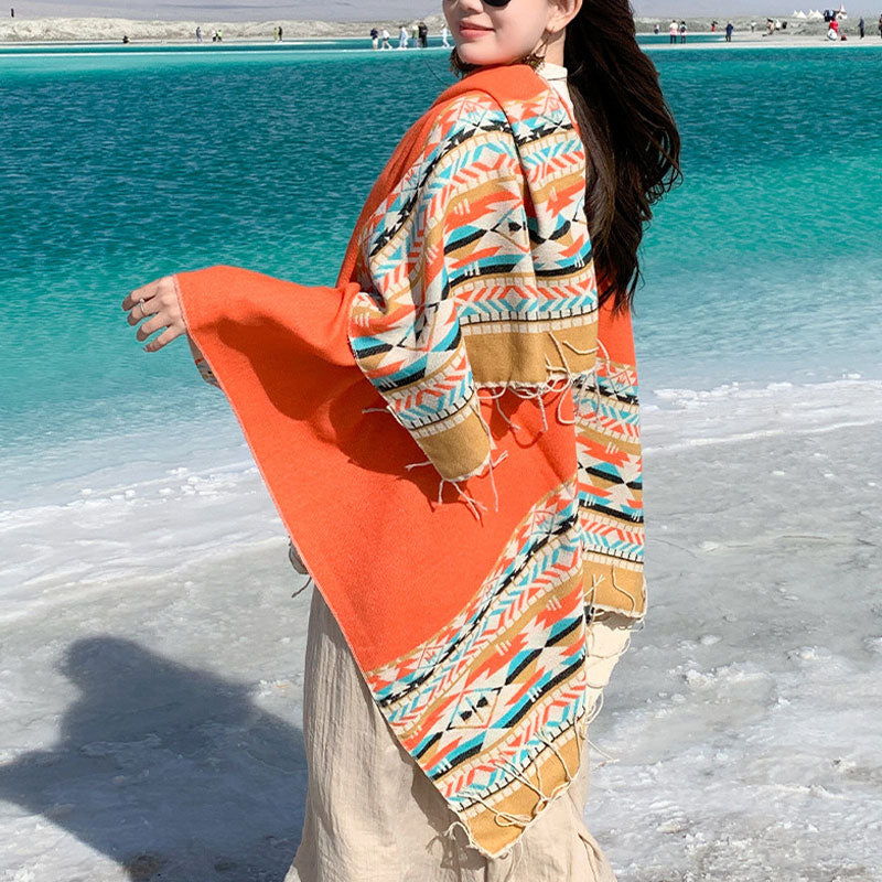 Nimara Ritual Tibetan Shawl Colorful Geometry Winter Cozy Travel Scarf Wrap