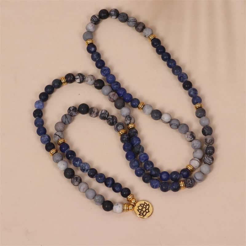 Nimara Ritual 108 Mala Beads Sodalite Zebra Jasper Crystal Lotus Strength Bracelet