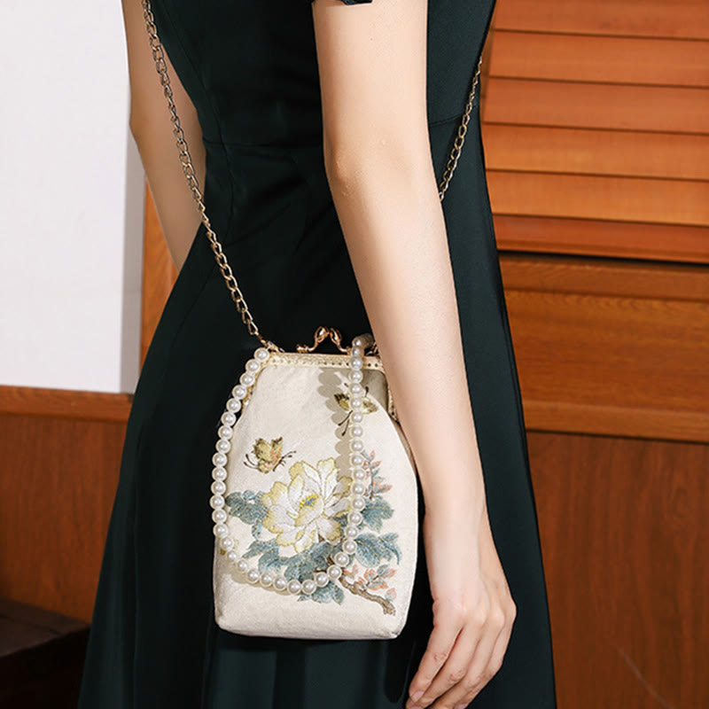 Nimara Ritual Small Flowers Butterfly Embroidered Pearl Metal Chain Shoulder Bag Crossbody Handbag Cellphone Bag