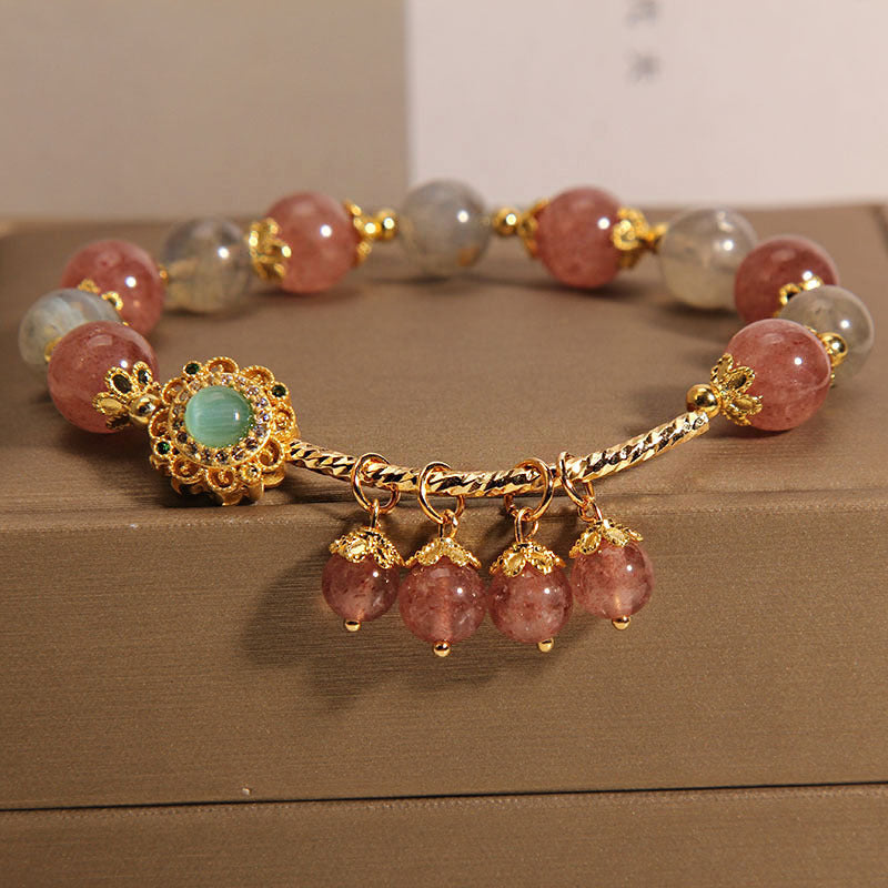 Nimara Ritual Strawberry Quartz Moonstone Healing Tassel Charm Bracelet