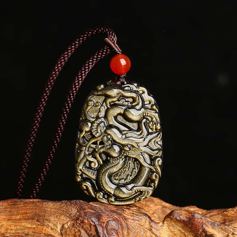 Nimara Ritual Gold Sheen Obsidian Dragon Pattern Success Necklace Pendant