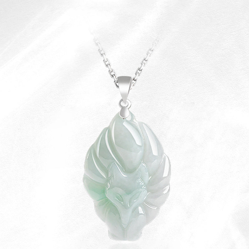 Nimara Ritual Natural Jade Nine Tailed Fox Prosperity Titanium Steel Chain Necklace Pendant