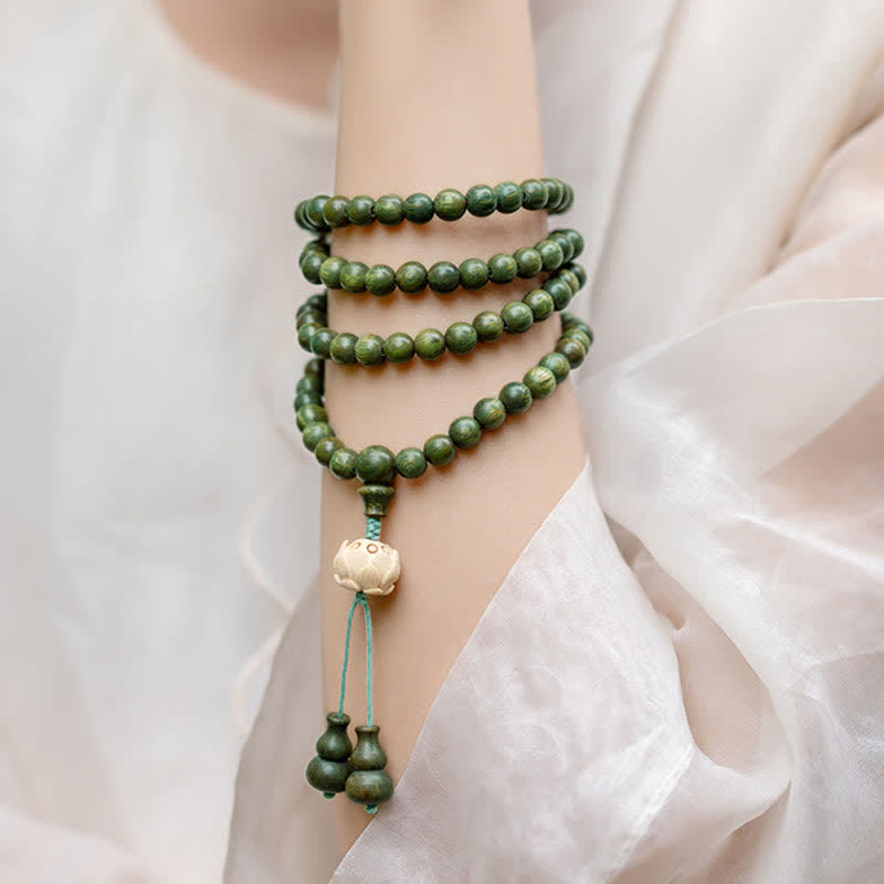 Nimara Ritual 108 Mala Beads Green Sandalwood Boxwood Lotus Positive Bracelet