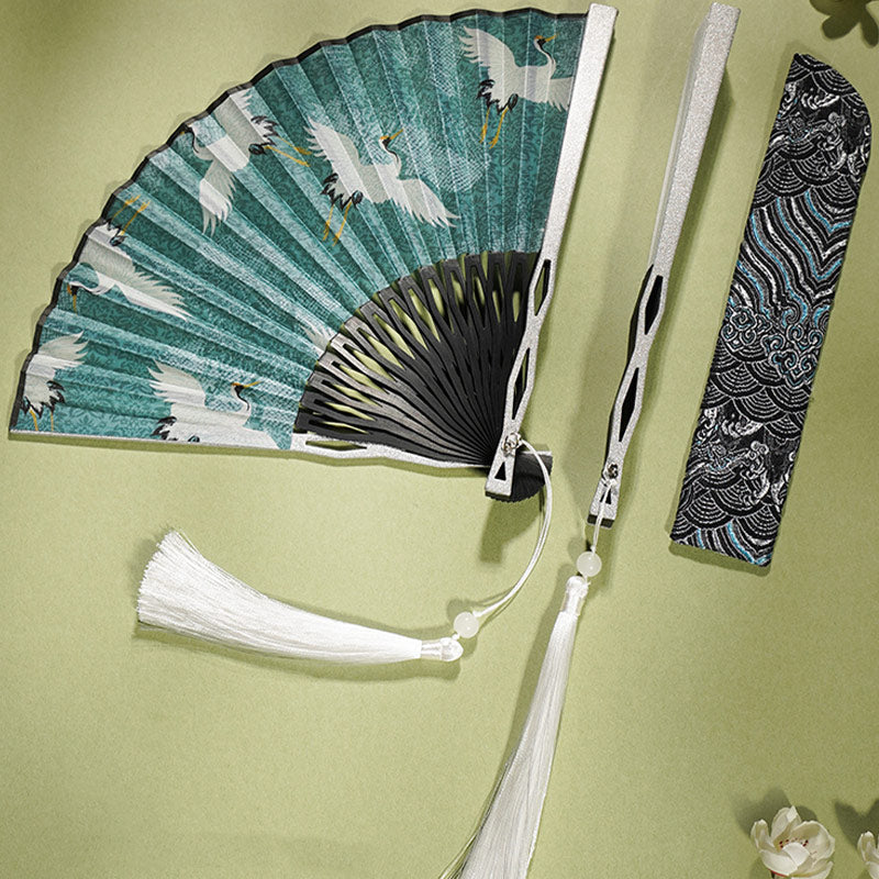 Nimara Ritual Vintage Blue White Crane Pattern Handheld Silk Bamboo Folding Fan