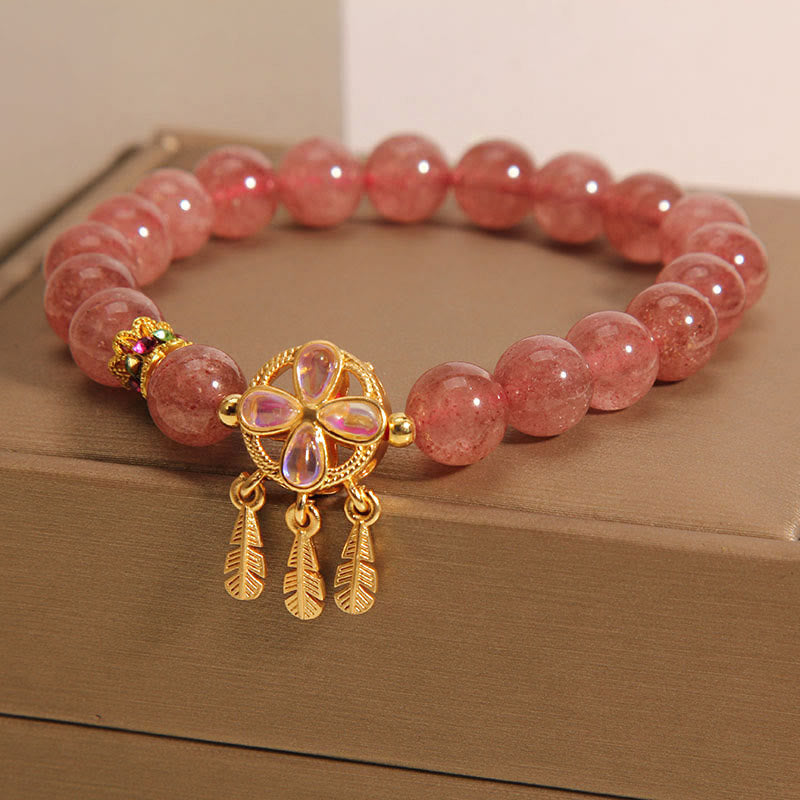 Nimara Ritual Natural Strawberry Quartz Four Leaf Clover Dreamcatcher Charm Love Bracelet