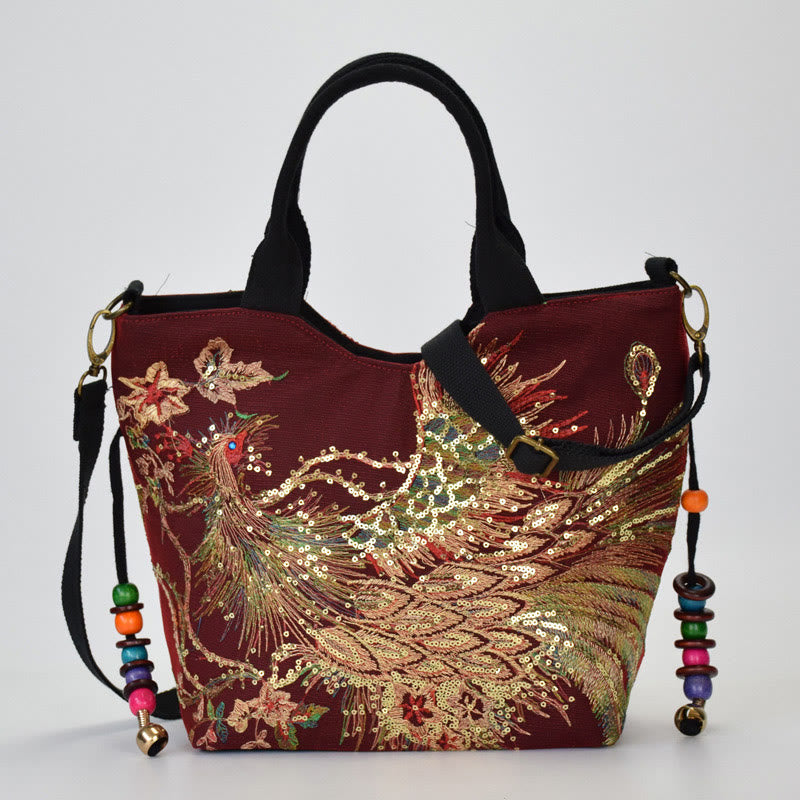 Nimara Ritual Peacock Double-sided Embroidery Tote Bag Shoulder Bag Crossbody Bag