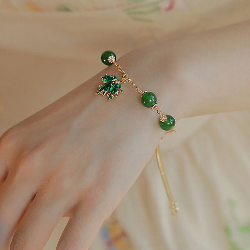 Nimara Ritual 14k Gold Plated Green Chalcedony Maple Leaf Courage Strength Bracelet