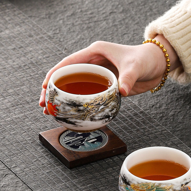 Nimara Ritual Dragon Playing With Pearl Design White Porcelain Ceramic Teacup Kung Fu Tea Cup 160ml