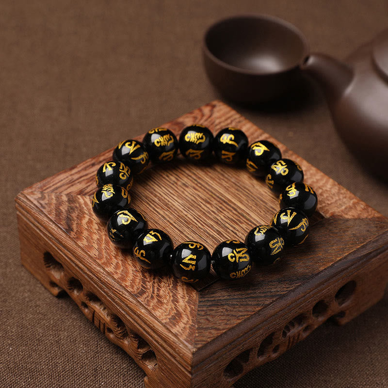 Open The Mind Tibet White Crystal Black Onyx Om Mani Padme Hum Meditation Bracelet