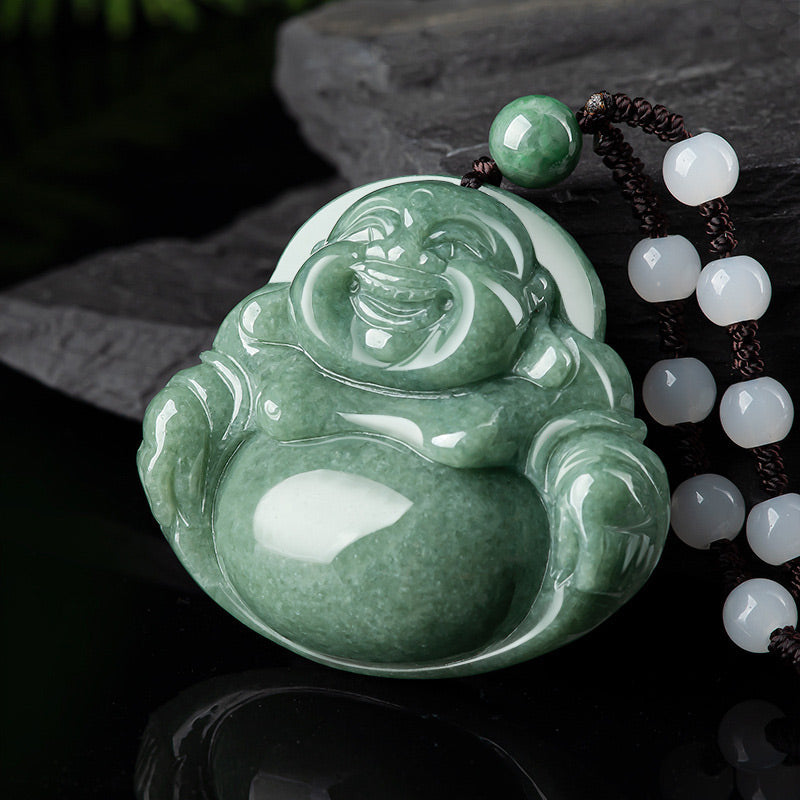Nimara Ritual Laughing Buddha Cyan Jade Harmony Necklace String Bead Pendant