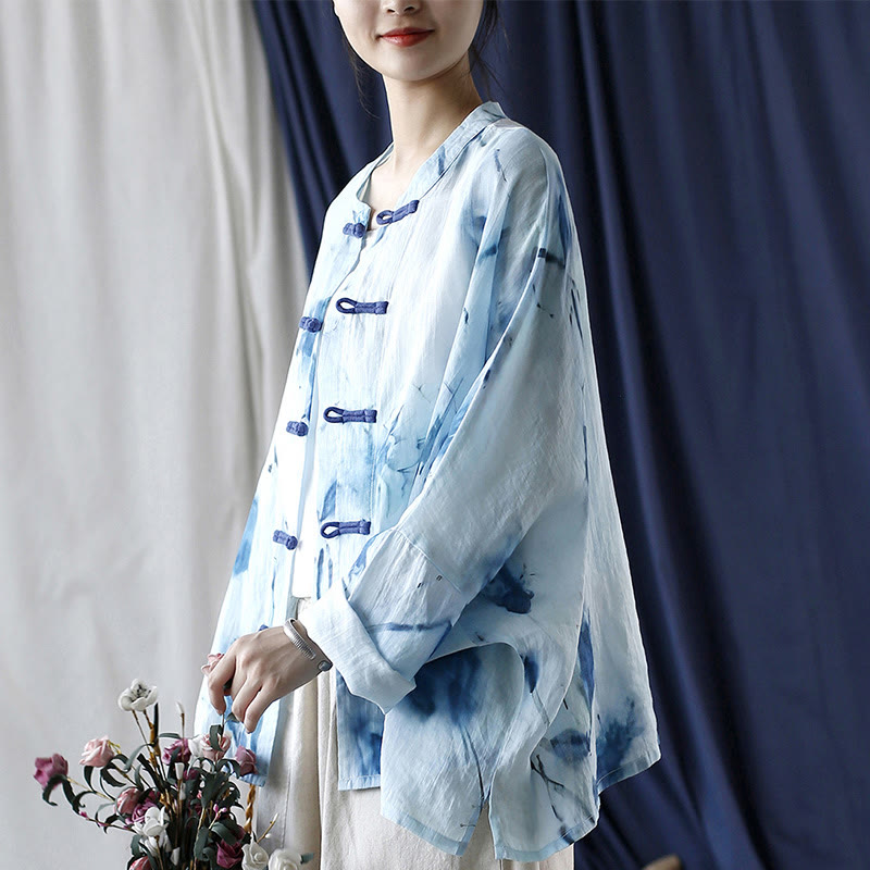 Nimara Ritual Tie Dye Blue Flowers Frog-Button Design Long Sleeve Ramie Linen Jacket Shirt
