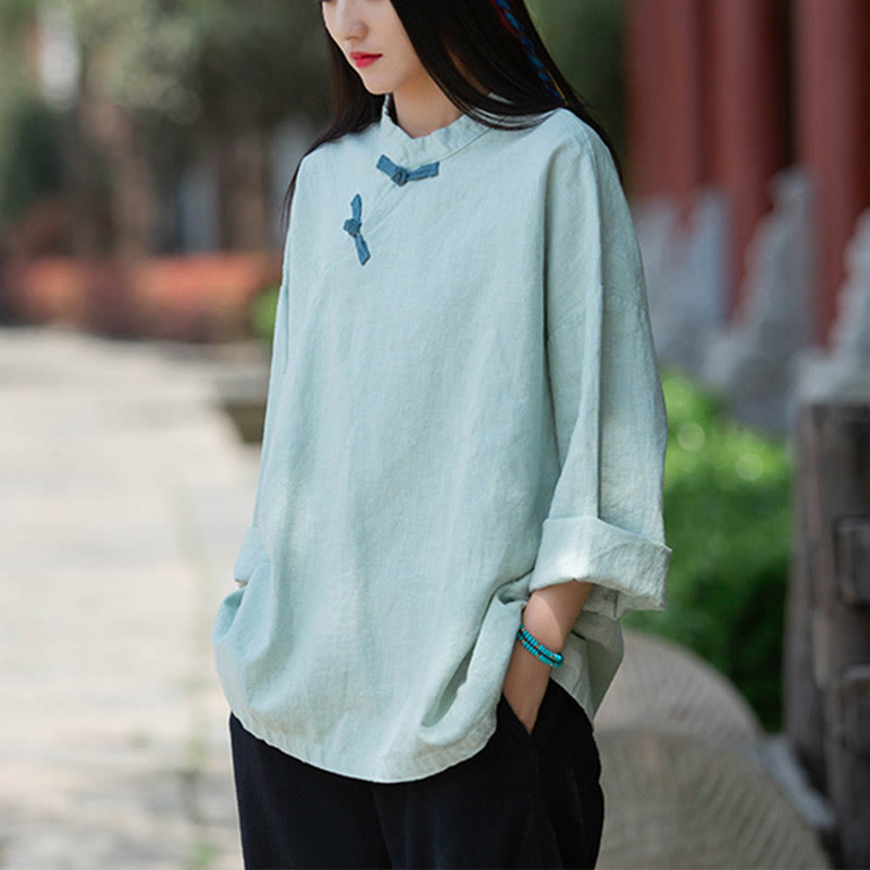 Nimara Ritual Ramie Linen Loose Blouse Women Long Sleeve Shirt Chinese Hanfu Top