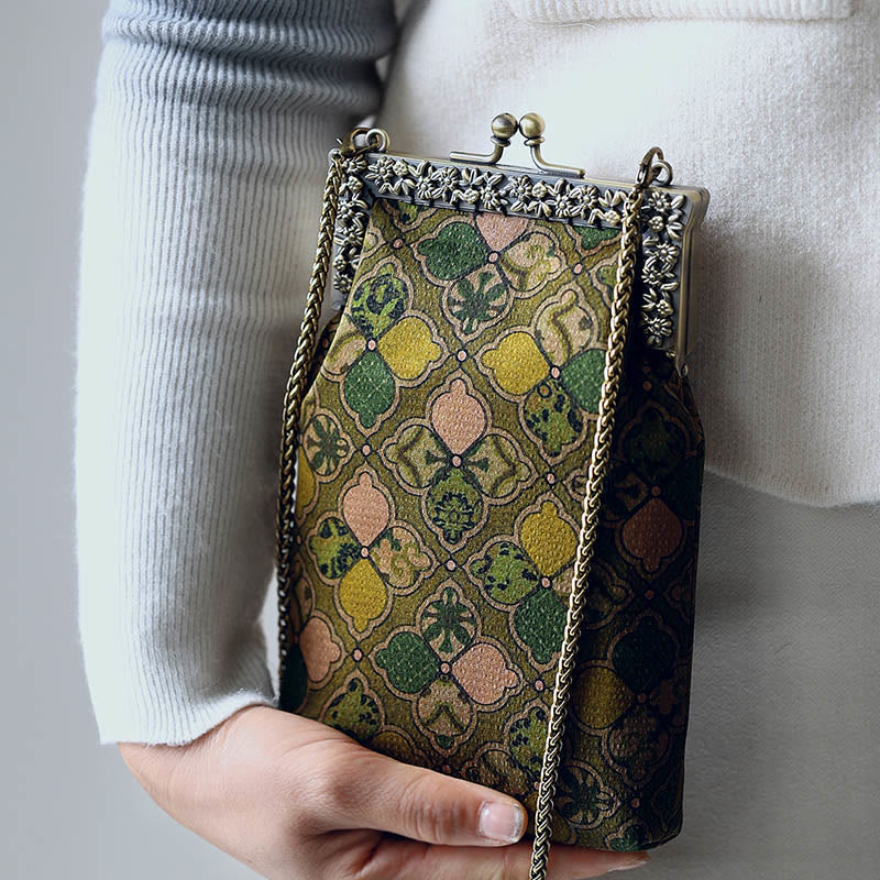 Nimara Ritual Green Leaves Handbag Metal Chain Crossbody Bag Shoulder Bag Cellphone Bag