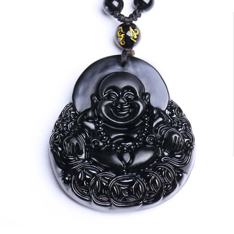 Nimara Ritual Laughing Buddha Black Obsidian Strength Protection Pendant Necklace